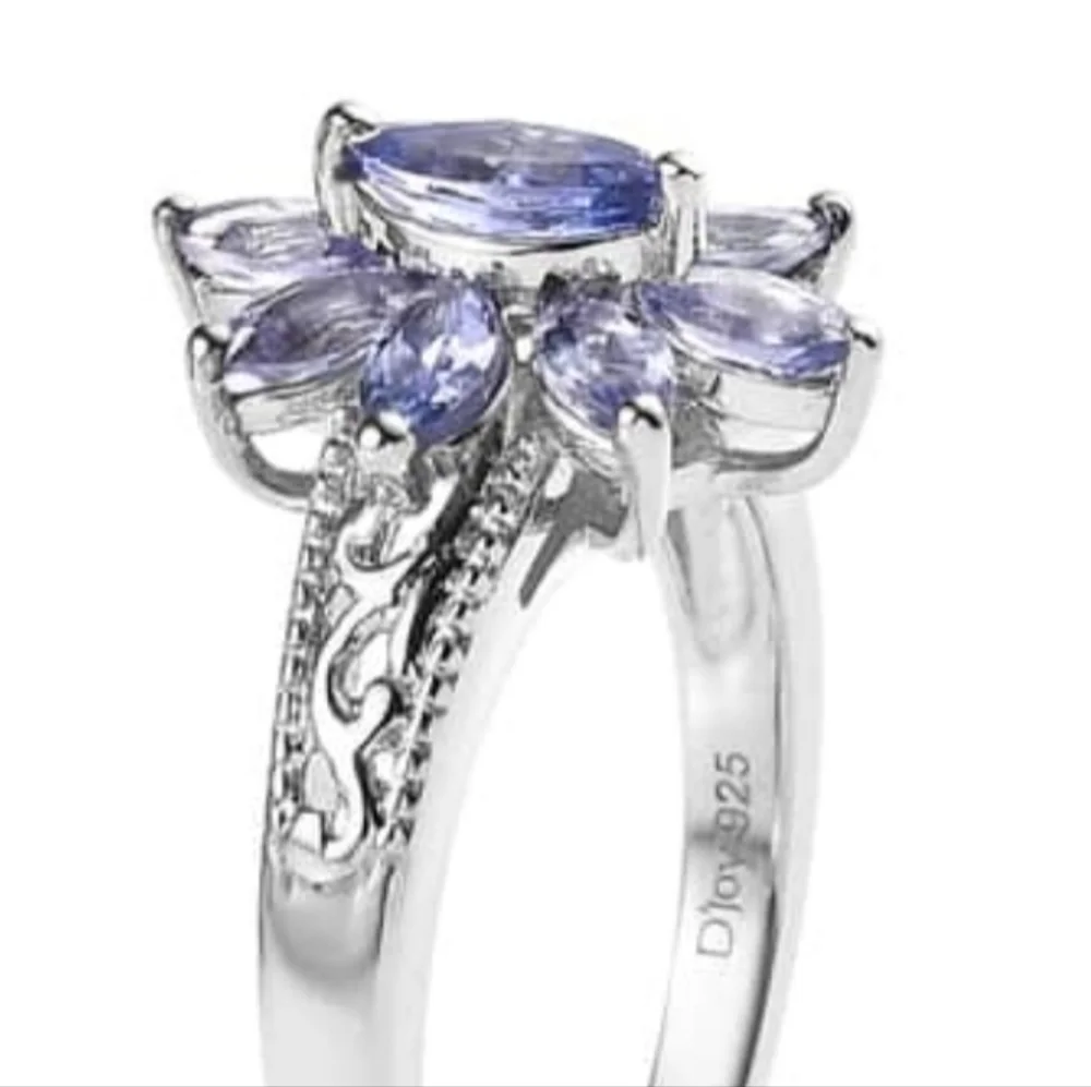 Natural Floral Design Tanzanite Ring Platinum over Sterling Silver Size 8! 🦋